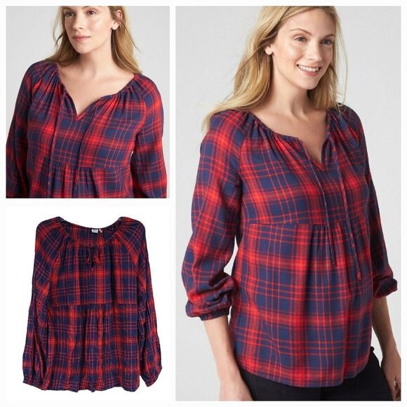 GAP Maternity Split-Neck Red Plaid Top Long Sleeve Flannel Shirt Bow Tie Keyhole - Picture 1 of 10